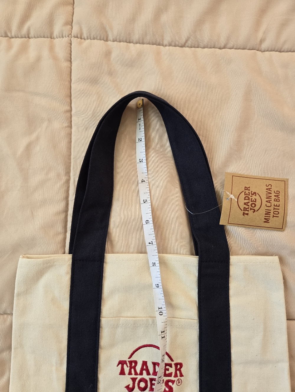 NWT Trader Joe's Mini Canvas Tote Bag, Natural Color, Navy Straps and Red Logo - Picture 6 of 6